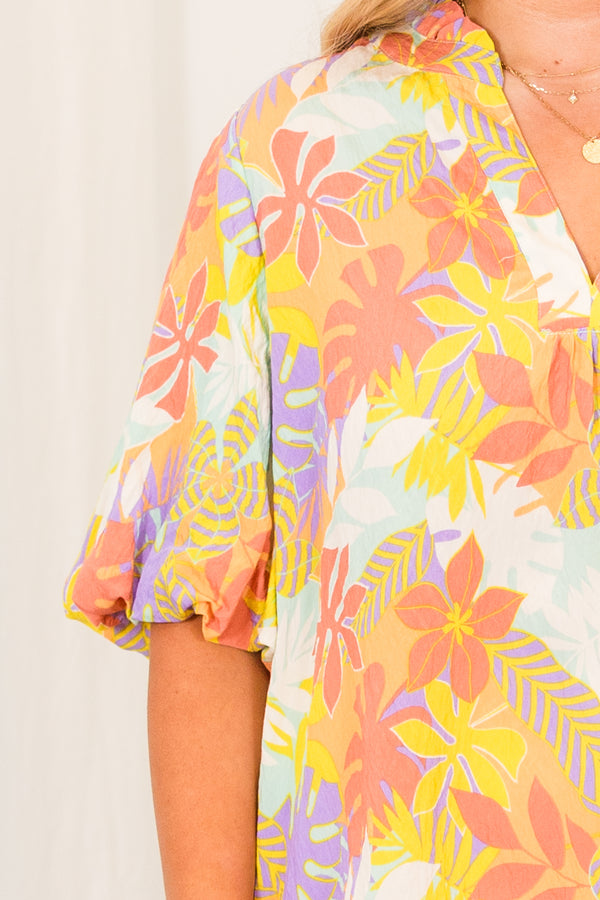 Chic Soul plus size clothing, short sleeve apricot multi-colored top with v-neckline and puffed sleeves with floral design