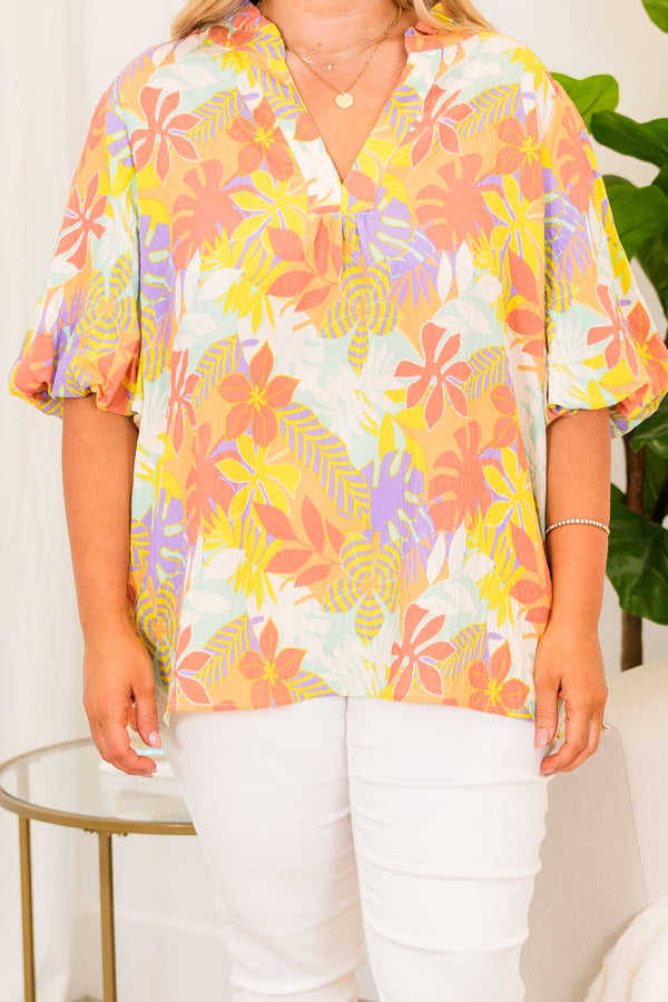 Chic Soul plus size clothing, short sleeve apricot multi-colored top with v-neckline and puffed sleeves with floral design