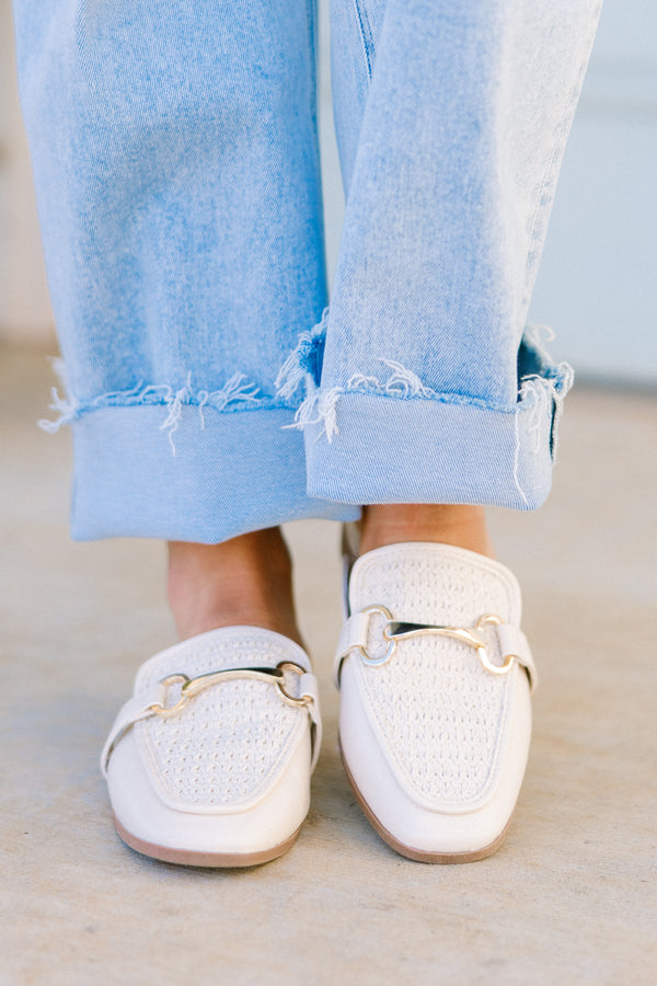 Chic Soul plus size clothing, ivory mules with tweed pattern and gold hardware