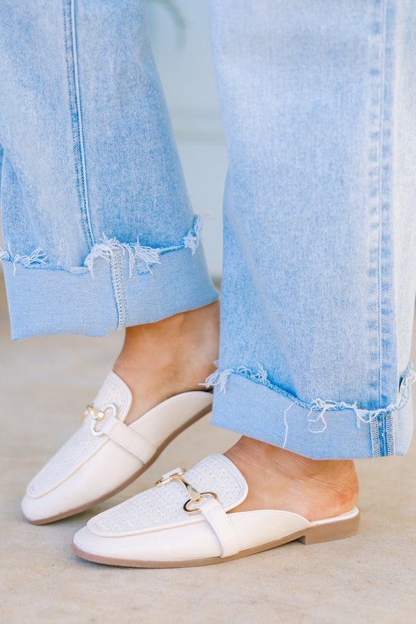 Chic Soul plus size clothing, ivory mules with tweed pattern and gold hardware