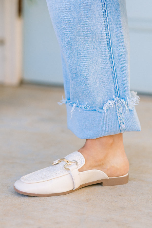 Chic Soul plus size clothing, ivory mules with tweed pattern and gold hardware