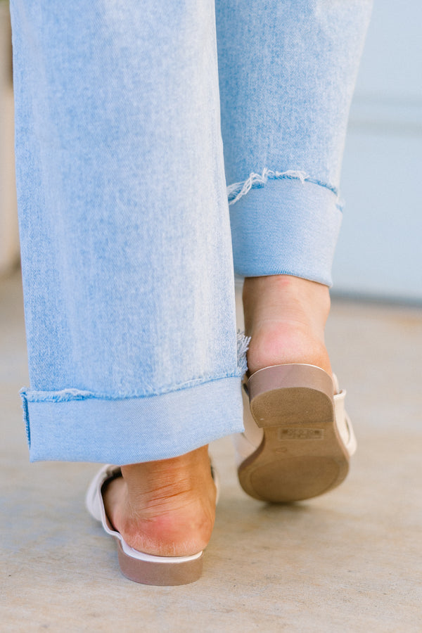 Chic Soul plus size clothing, ivory mules with tweed pattern and gold hardware