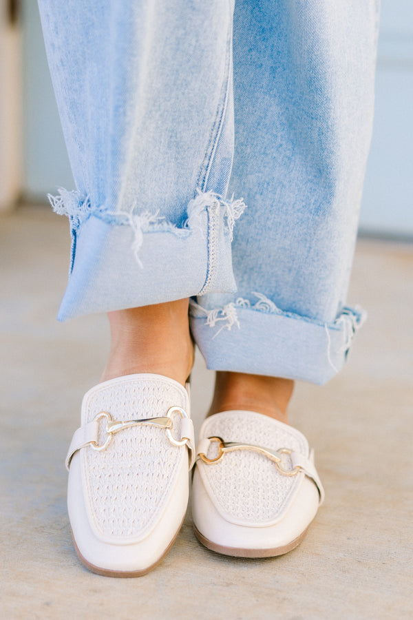 Chic Soul plus size clothing, ivory mules with tweed pattern and gold hardware