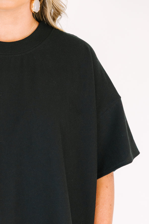 Plus Size black two-piece set featuring a short-sleeve ribbed top and matching pull-on shorts.