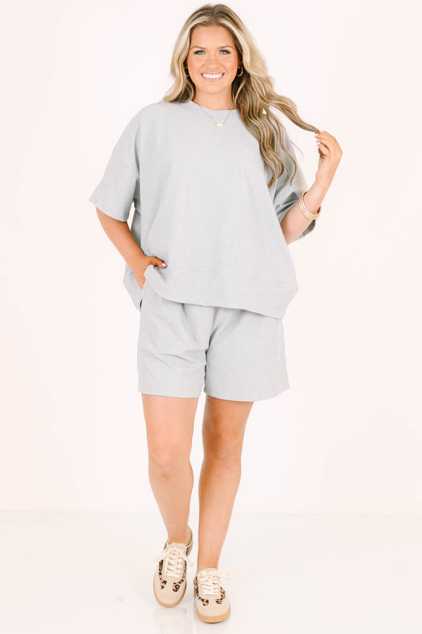 Plus Size heather grey two-piece set with a short-sleeve crewneck top and matching pull-on shorts.