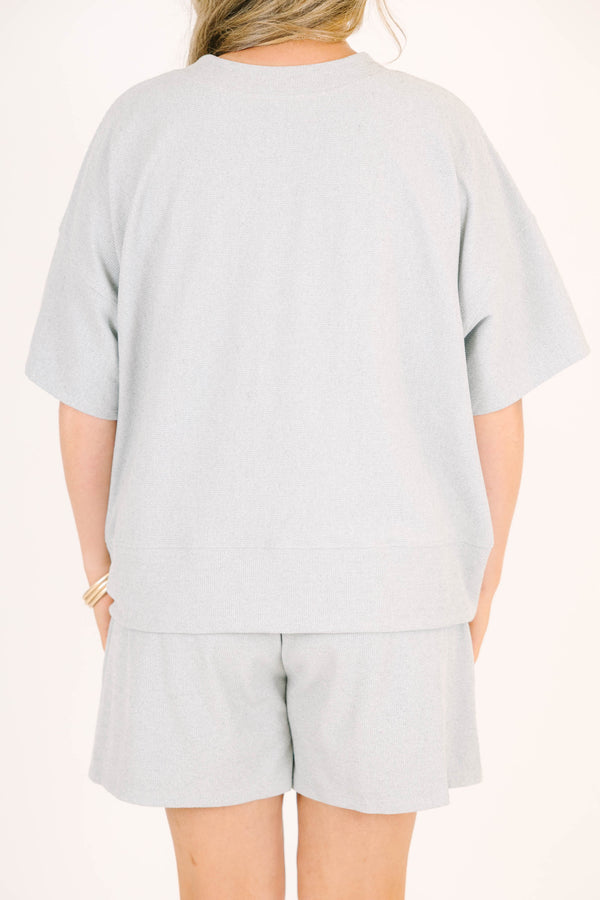 Plus Size heather grey two-piece set with a short-sleeve crewneck top and matching pull-on shorts.