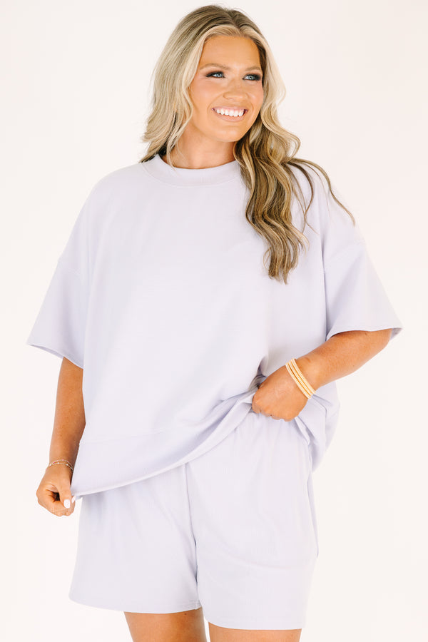 Plus Size lavender two-piece set with a short-sleeve ribbed top and matching pull-on shorts.