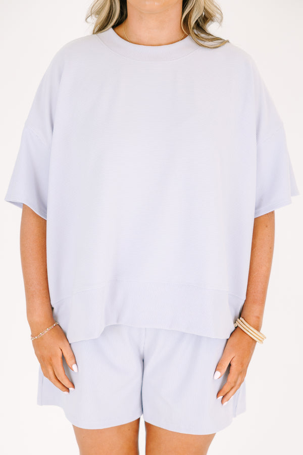 Plus Size lavender two-piece set with a short-sleeve ribbed top and matching pull-on shorts.
