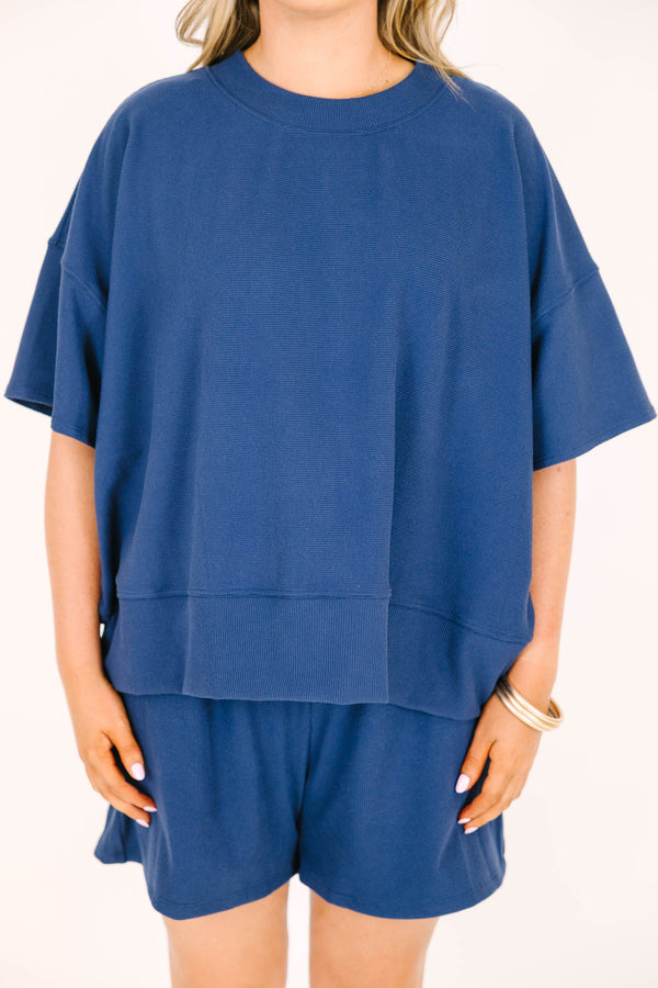 Plus Size navy two-piece set with a short-sleeve ribbed top and matching elastic pull-on shorts.
