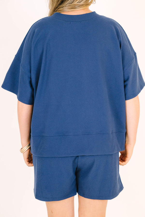 Plus Size navy two-piece set with a short-sleeve ribbed top and matching elastic pull-on shorts.