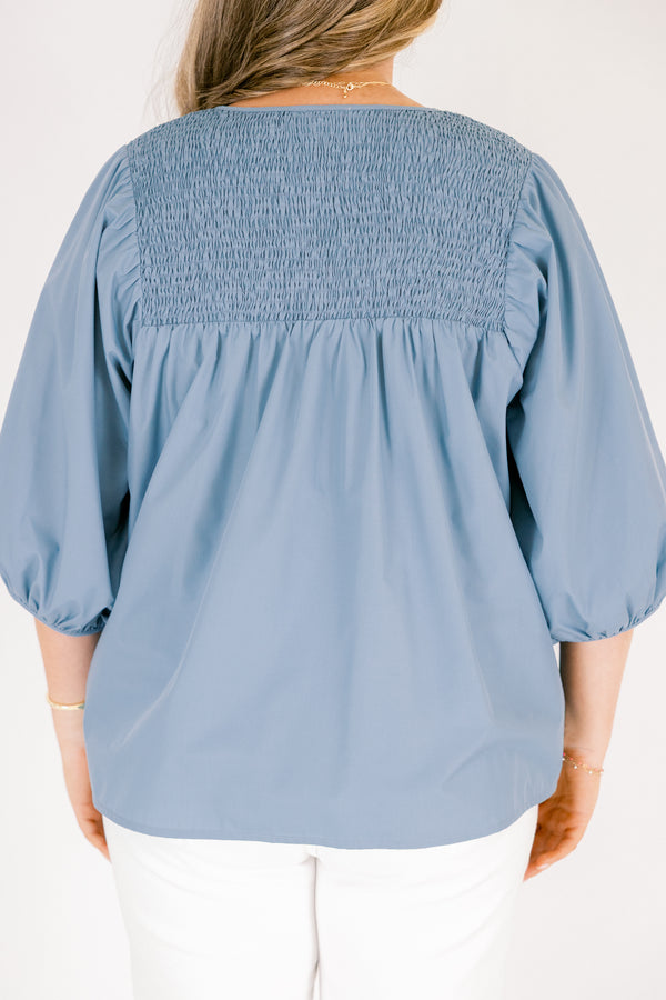 Chic Soul plus size clothing, chambray top with a smocked neckline a slight v-neckline and half bubble sleeves 