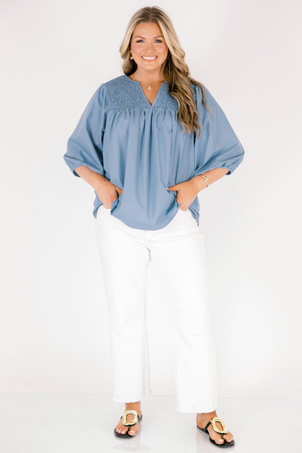 Chic Soul plus size clothing, chambray top with a smocked neckline a slight v-neckline and half bubble sleeves 