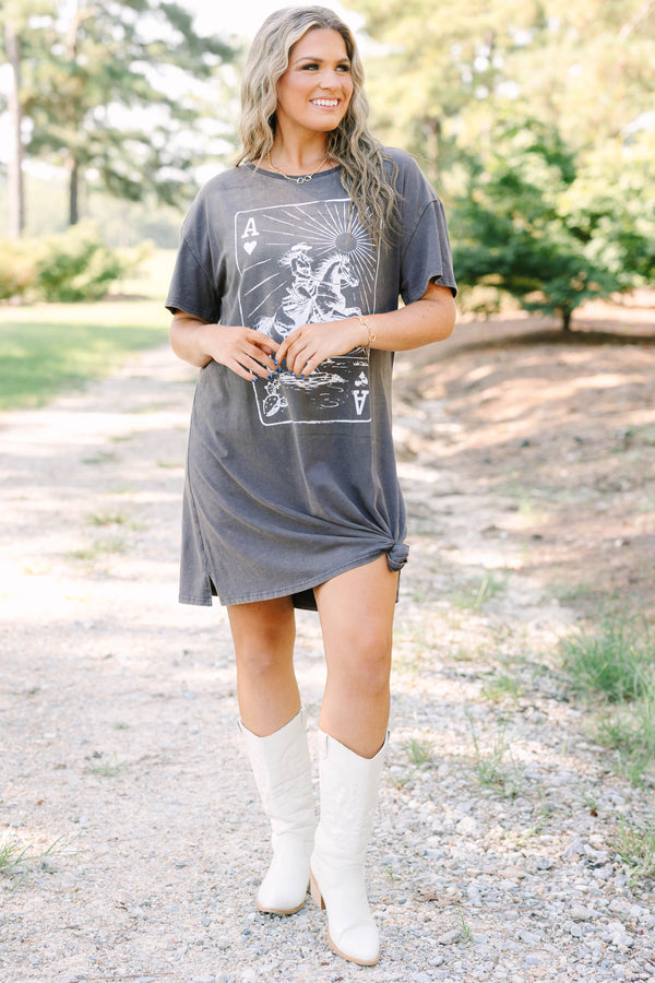 Plus Size charcoal t-shirt dress with a white western ace of hearts graphic and relaxed fit.