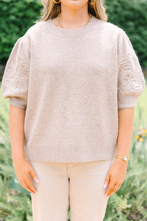 Plus size taupe short sleeve sweater with tonal floral embroidery on sleeves