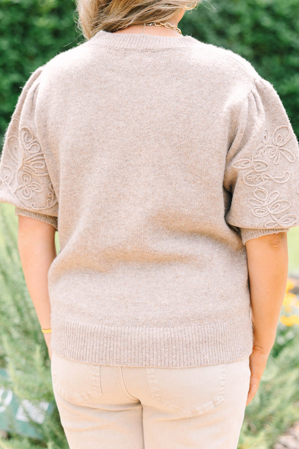 Plus size taupe short sleeve sweater with tonal floral embroidery on sleeves