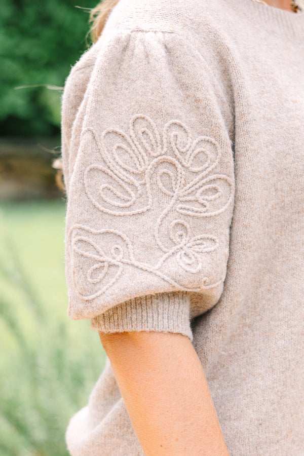 Plus size taupe short sleeve sweater with tonal floral embroidery on sleeves