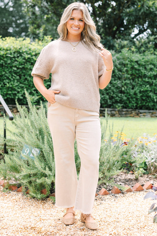 Plus size taupe short sleeve sweater with tonal floral embroidery on sleeves