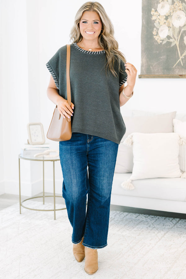 Charcoal embroidered stitch top featuring white contrast blanket-stitching along the ribbed round neckline and cap sleeves.