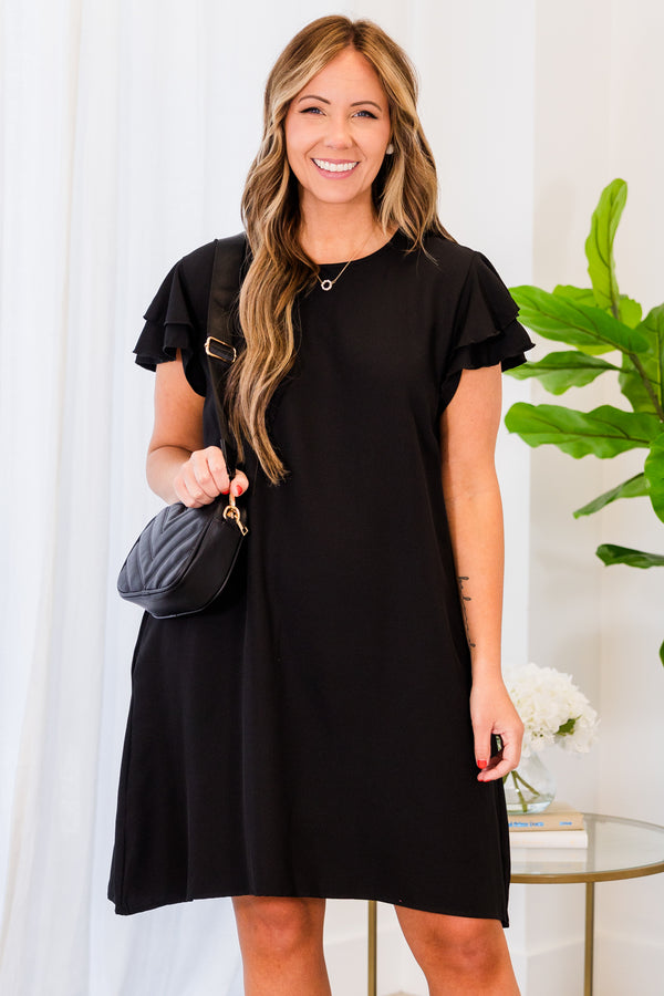 Chic Soul plus size clothing, black short sleeve straight mini dress with tier ruffle sleeves