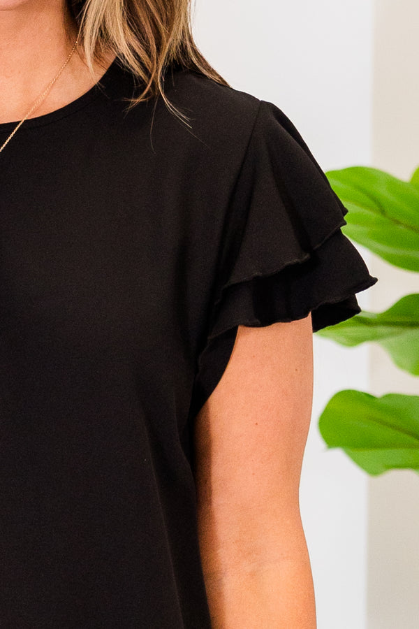 Chic Soul plus size clothing, black short sleeve straight mini dress with tier ruffle sleeves