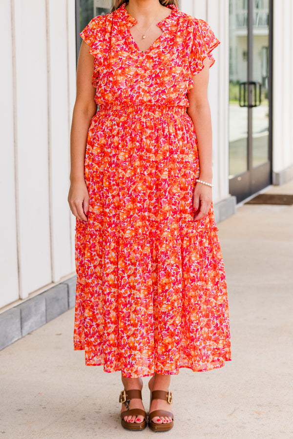 Chic Soul plus size clothing, tangerine orange and pink abstract printed midi dress with synched waistline with ruffle short sleeves and v cutout along neckline
