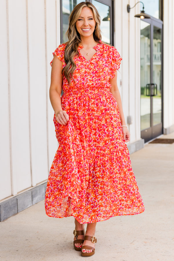 Chic Soul plus size clothing, tangerine orange and pink abstract printed midi dress with synched waistline with ruffle short sleeves and v cutout along neckline