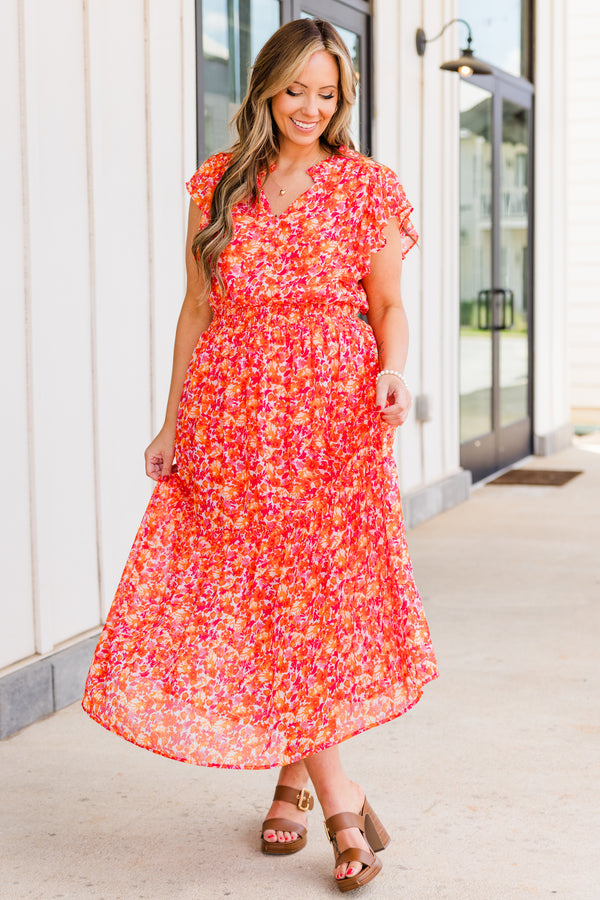 Chic Soul plus size clothing, tangerine orange and pink abstract printed midi dress with synched waistline with ruffle short sleeves and v cutout along neckline