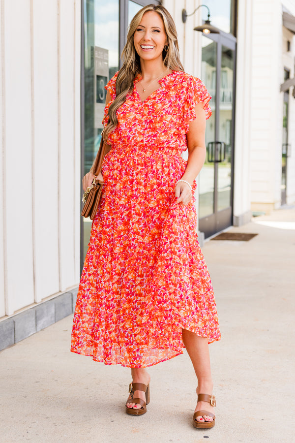 Chic Soul plus size clothing, tangerine orange and pink abstract printed midi dress with synched waistline with ruffle short sleeves and v cutout along neckline