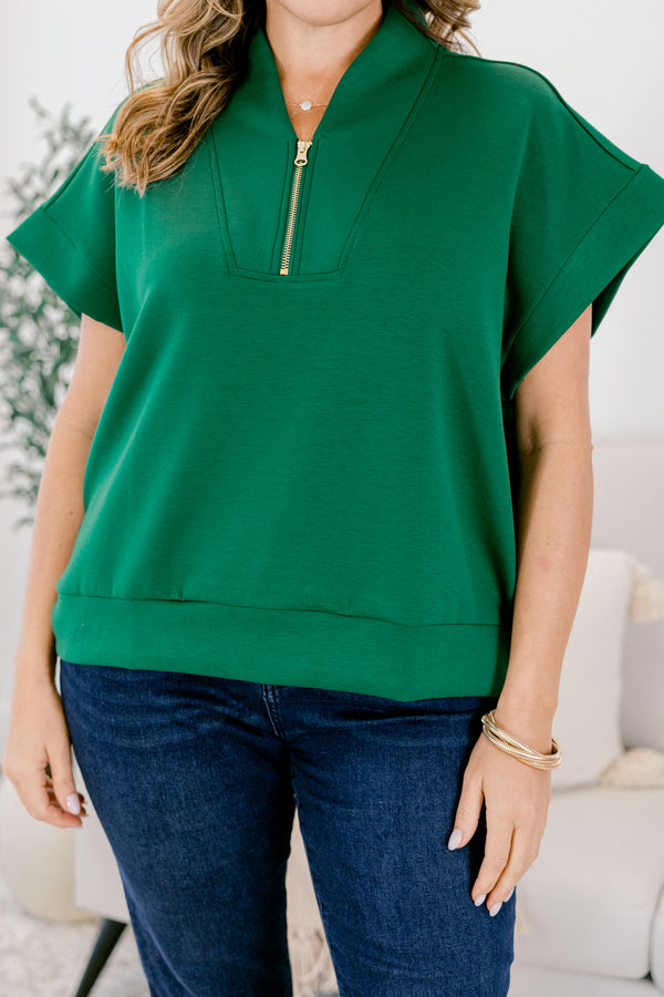 Chic Soul plus size clothing, dark green short sleeve quarter zip collared top
