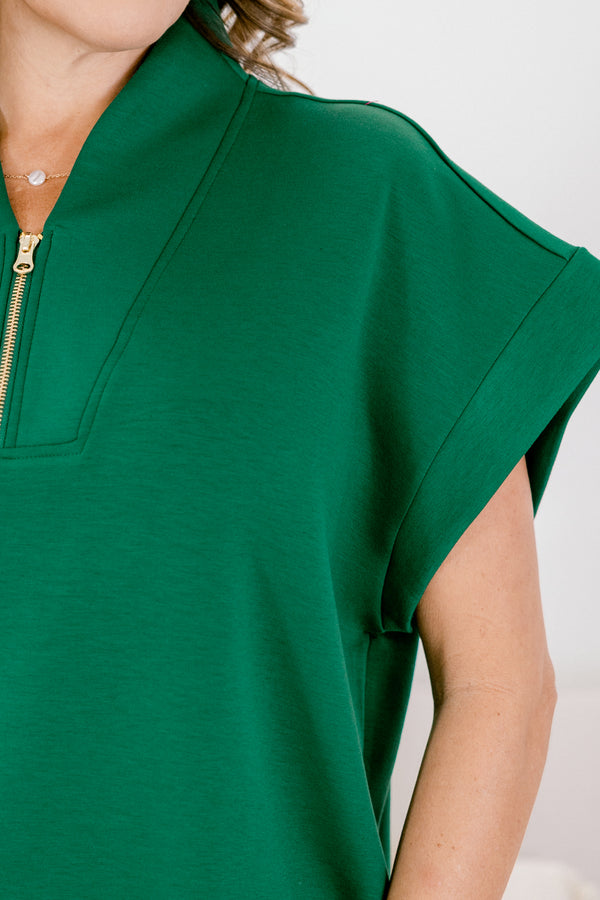 Chic Soul plus size clothing, dark green short sleeve quarter zip collared top