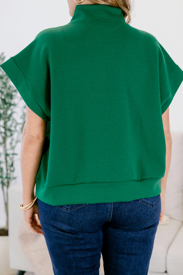Chic Soul plus size clothing, dark green short sleeve quarter zip collared top