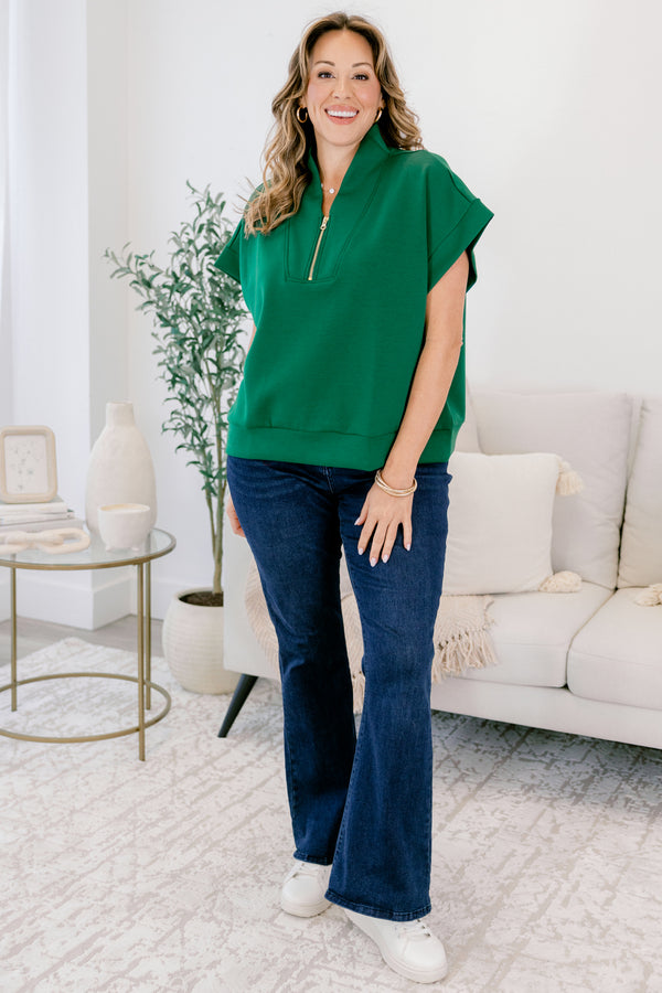Chic Soul plus size clothing, dark green short sleeve quarter zip collared top