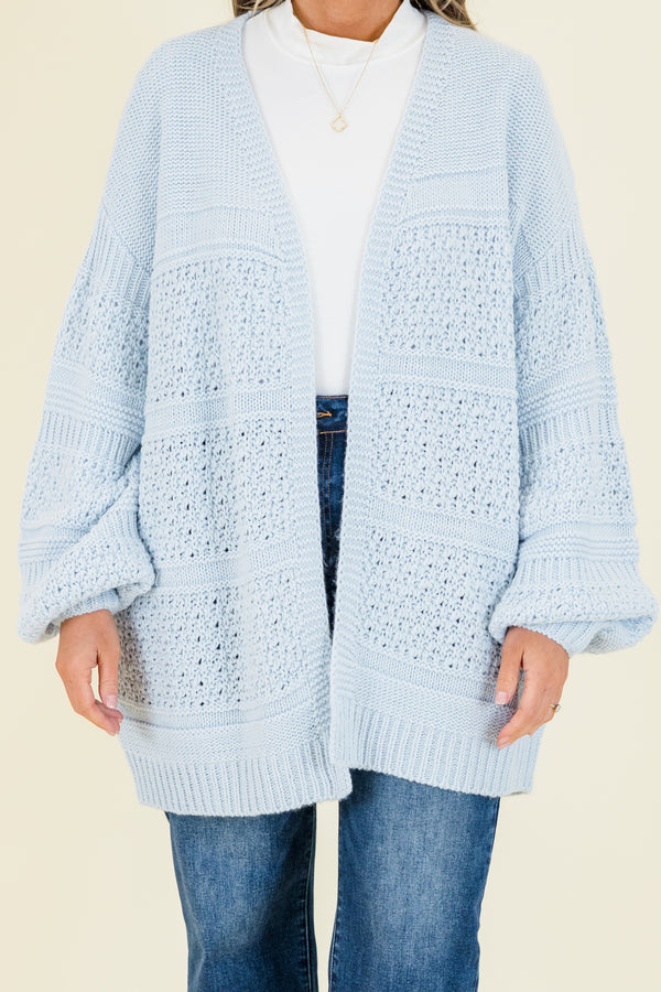 Chic Soul plus size clothing, pastel blue knitted cardigan with bubble sleeves