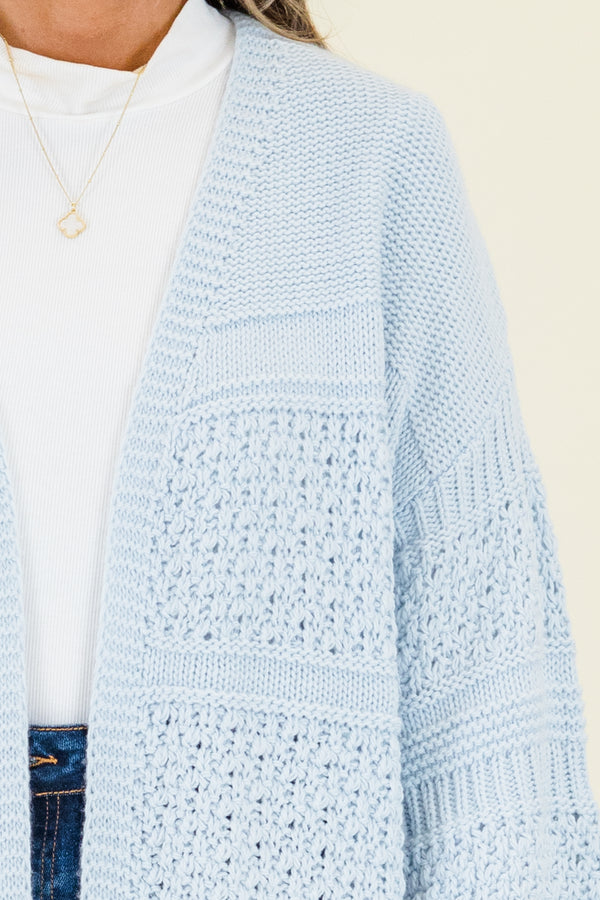 Chic Soul plus size clothing, pastel blue knitted cardigan with bubble sleeves
