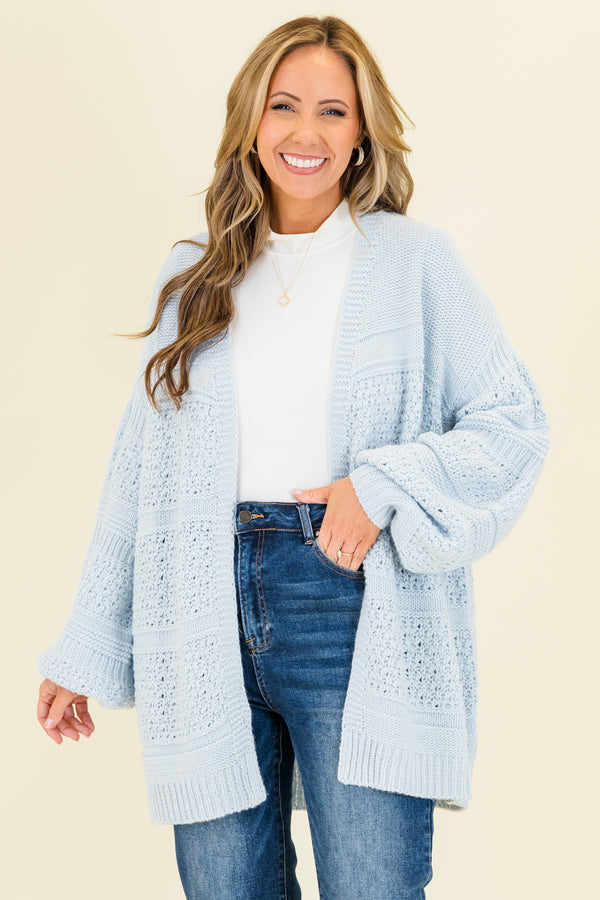 Chic Soul plus size clothing, pastel blue knitted cardigan with bubble sleeves