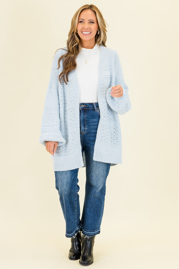 Chic Soul plus size clothing, pastel blue knitted cardigan with bubble sleeves