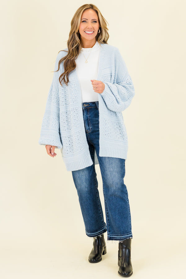 Chic Soul plus size clothing, pastel blue knitted cardigan with bubble sleeves