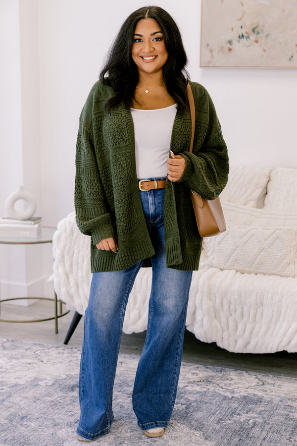Chic Soul plus size clothing, dark green chunky knit oversized cardigan