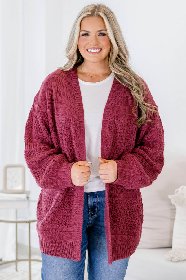 Chic Soul plus size clothing, dark pink long sleeve chunky knit cardigan