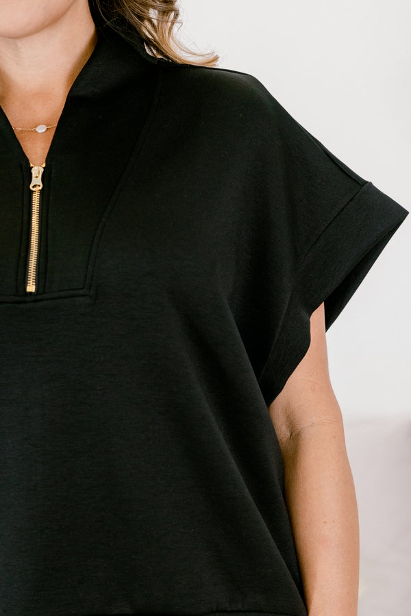 Chic Soul plus size clothing, black short sleeve quarter zip collared top