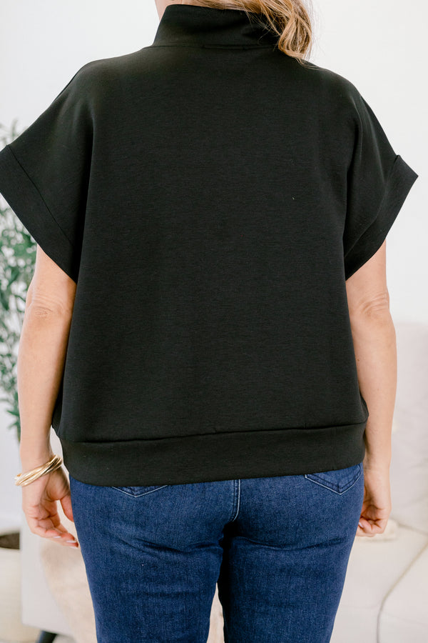 Chic Soul plus size clothing, black short sleeve quarter zip collared top