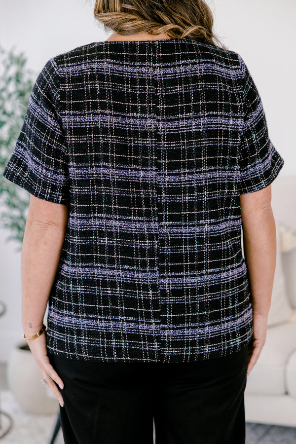 Chic Soul plus size clothing, black and navy tartan plan tweed short sleeve v neck button up top with gold medallion buttons