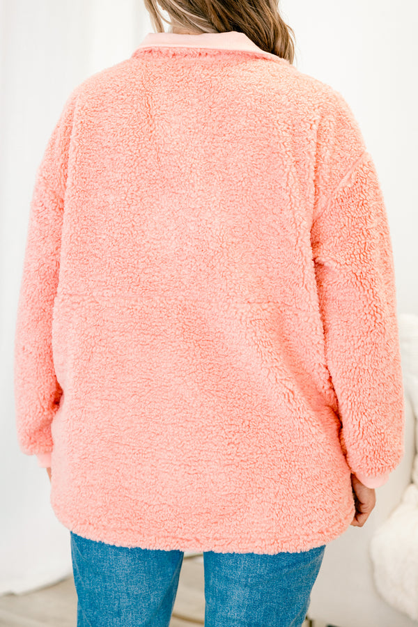 Chic Soul plus size clothing, pink fuzzy sherpa long sleeve pullover with quarter zip detail with collar and pouch pocket with cuff sleeves