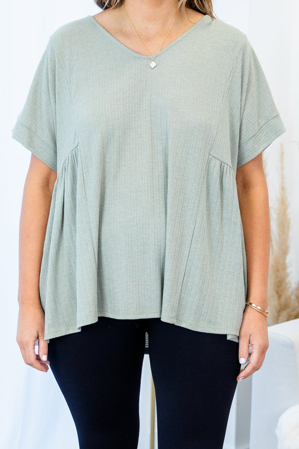 Chic Soul plus size clothing, light sage short sleeve flowy tee with v neckline with ruffle stitch detail on sides