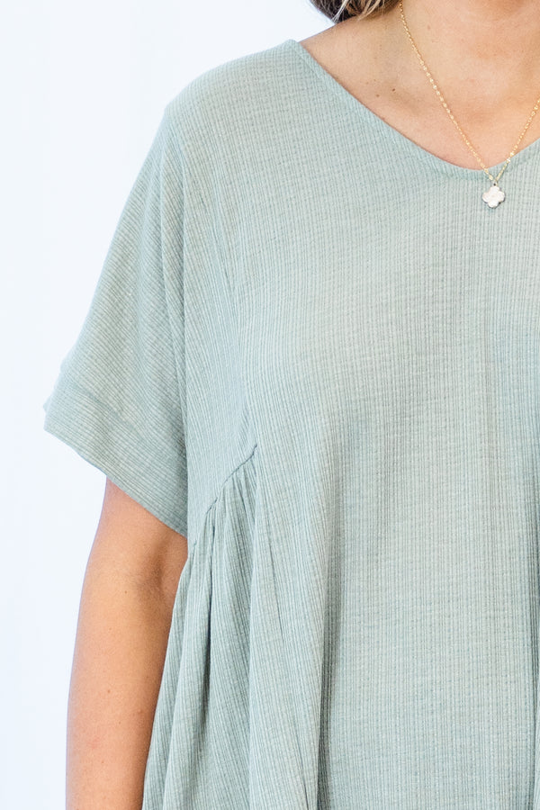 Chic Soul plus size clothing, light sage short sleeve flowy tee with v neckline with ruffle stitch detail on sides