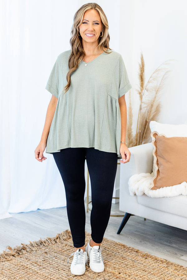Chic Soul plus size clothing, light sage short sleeve flowy tee with v neckline with ruffle stitch detail on sides