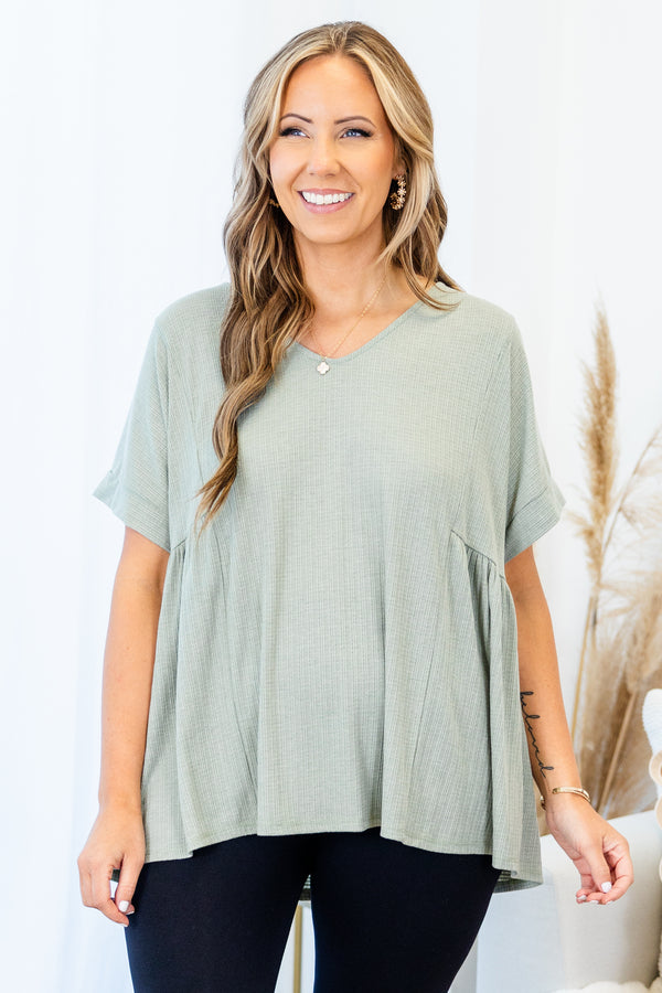 Chic Soul plus size clothing, light sage short sleeve flowy tee with v neckline with ruffle stitch detail on sides