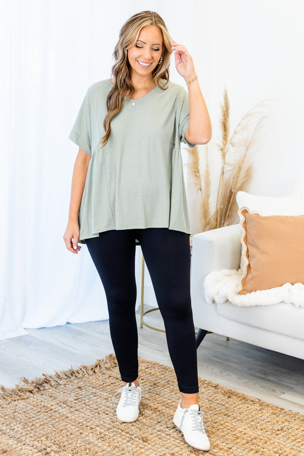 Chic Soul plus size clothing, light sage short sleeve flowy tee with v neckline with ruffle stitch detail on sides