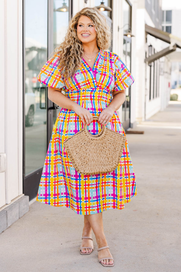 Chic Soul plus size clothing, multicolor plaid pattern midi dress with crisscross neckline and puff sleeves
