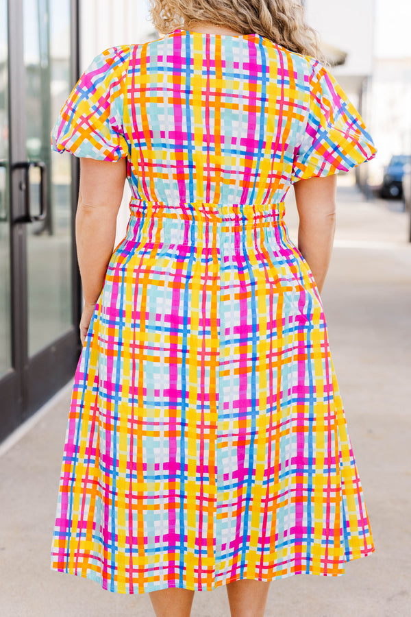 Chic Soul plus size clothing, multicolor plaid pattern midi dress with crisscross neckline and puff sleeves